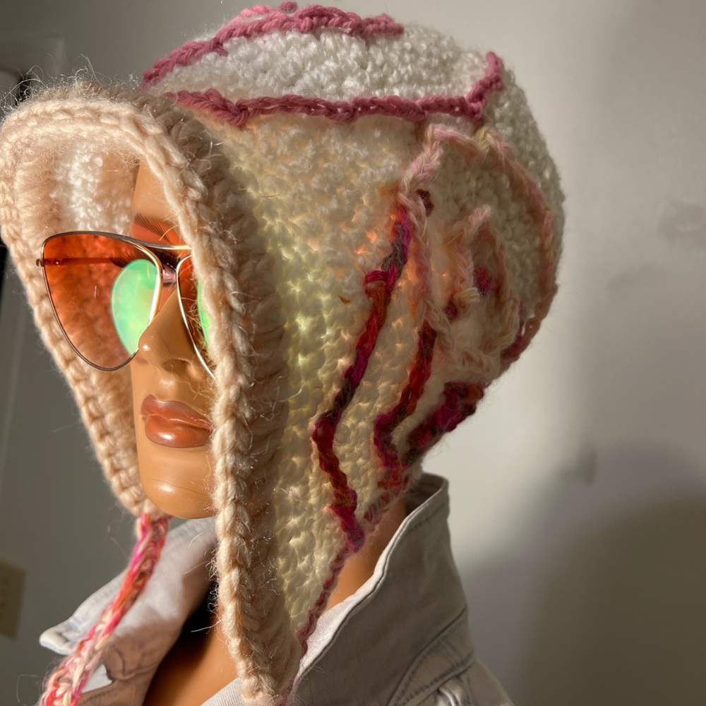 Handcrafted Hood White/off white Crochet Hat adorned  pinkish